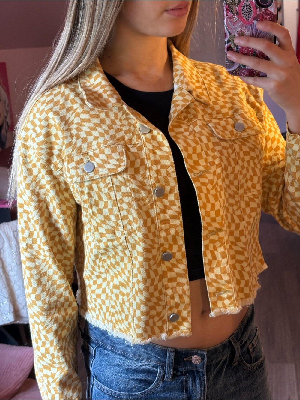 Princess Polly Yellow Checkerboard Cropped Jean Jacket